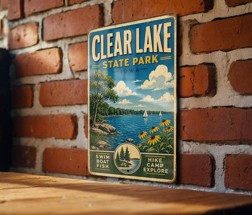 A vintage metal sign for Clear Lake State Park in Iowa, featuring a scenic illustration of a lake, trees, and boats.