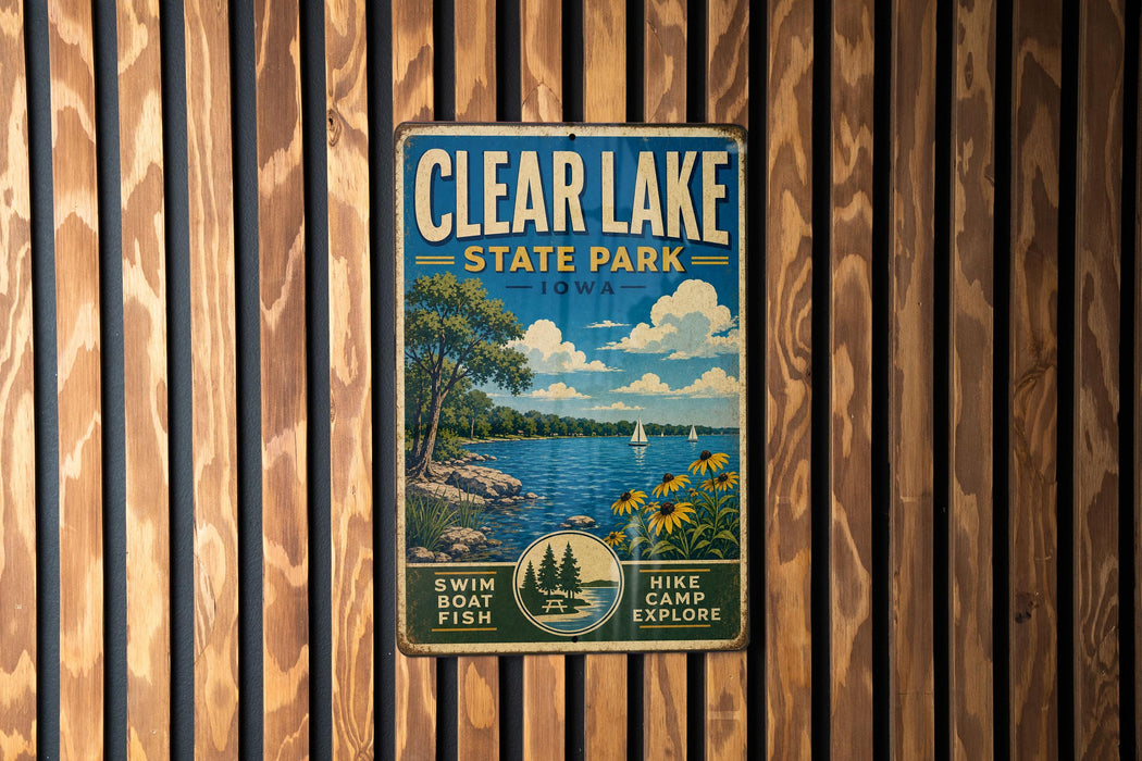 A vintage metal sign for Clear Lake State Park in Iowa, featuring a scenic illustration of a lake, trees, and boats.