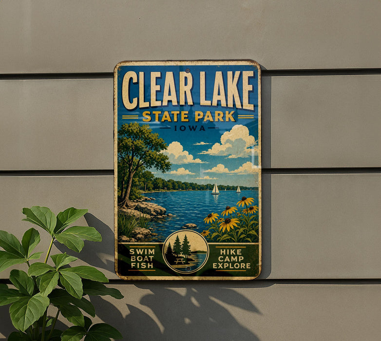 A vintage-style metal sign for Clear Lake State Park in Iowa, featuring a scenic illustration of the lake, trees, and a sailboat.