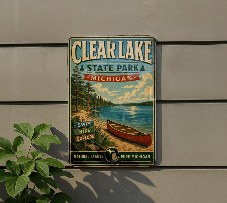 A vintage metal sign for Clear Lake State Park in Michigan, featuring a canoe on a lake surrounded by pine trees.