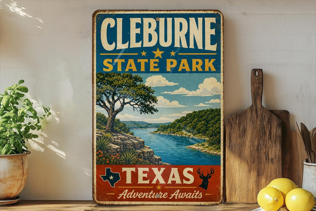 A vintage-style sign for Cleburne State Park, featuring a scenic landscape with a river, trees, and mountains.