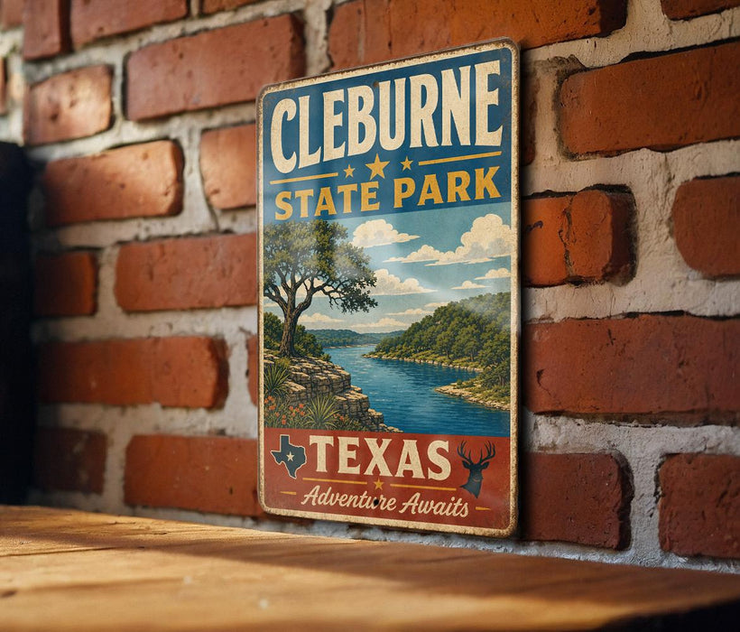 A vintage-style metal sign for Cleburne State Park, featuring a scenic landscape with a river and trees, mounted on a brick wall.