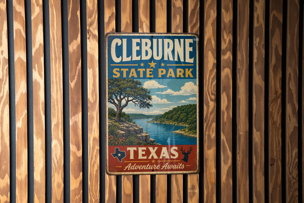 A vintage metal sign for Cleburne State Park, featuring a scenic landscape with a river and trees, mounted on a wooden wall.