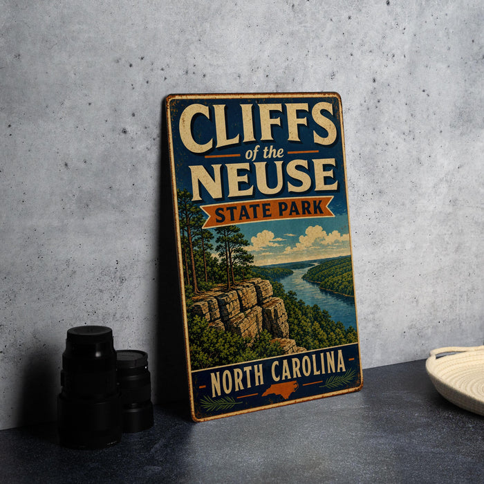 A vintage-style sign for Cliffs of the Neuse State Park in North Carolina, featuring a scenic illustration of a river and cliffs.