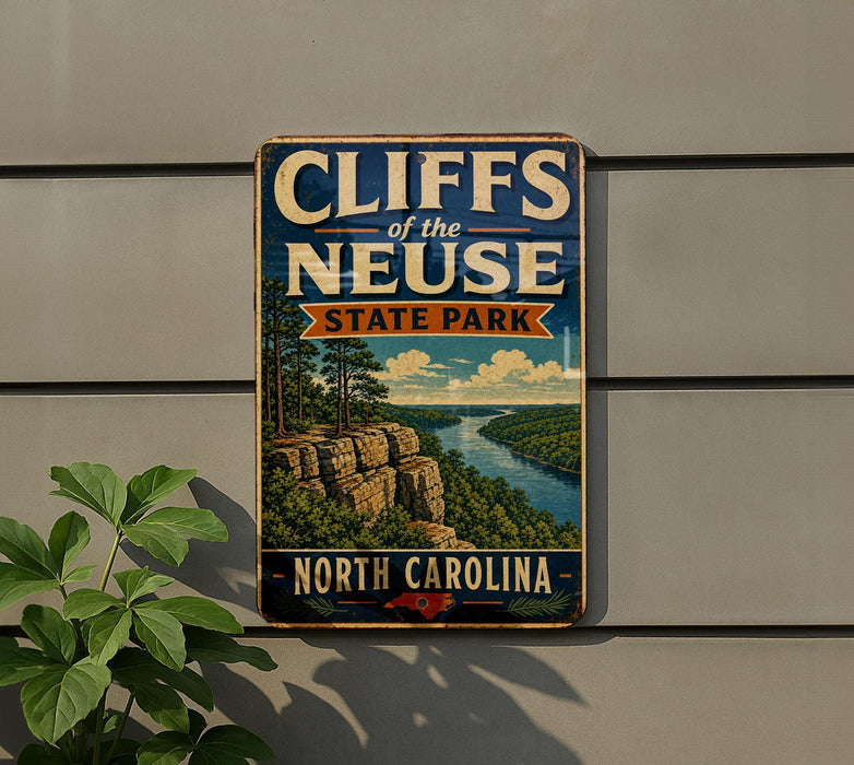 A vintage-style sign for Cliffs of the Neuse State Park in North Carolina, featuring a scenic landscape with cliffs, trees, and a river.