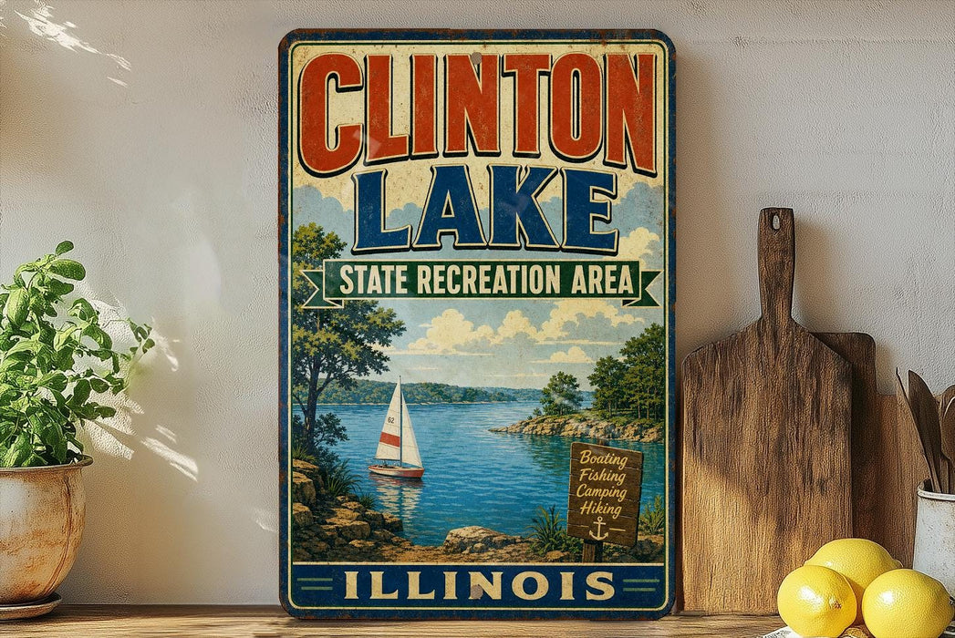 A vintage-style sign for Clinton Lake, Illinois, featuring a sailboat on the lake and a scenic landscape.