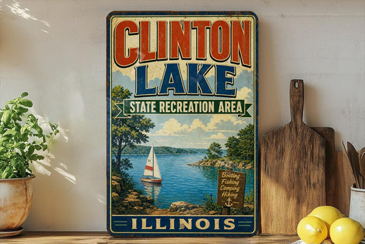 A vintage-style sign for Clinton Lake, Illinois, featuring a sailboat on the lake and a scenic landscape.