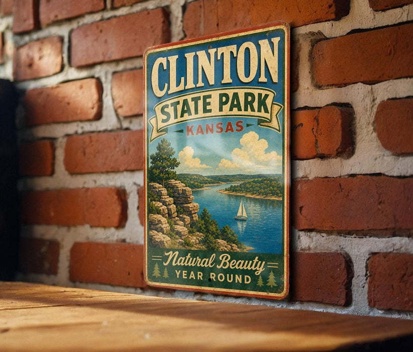 A vintage metal sign for Clinton State Park in Kansas, featuring a scenic landscape with a lake, mountains, and a sailboat.