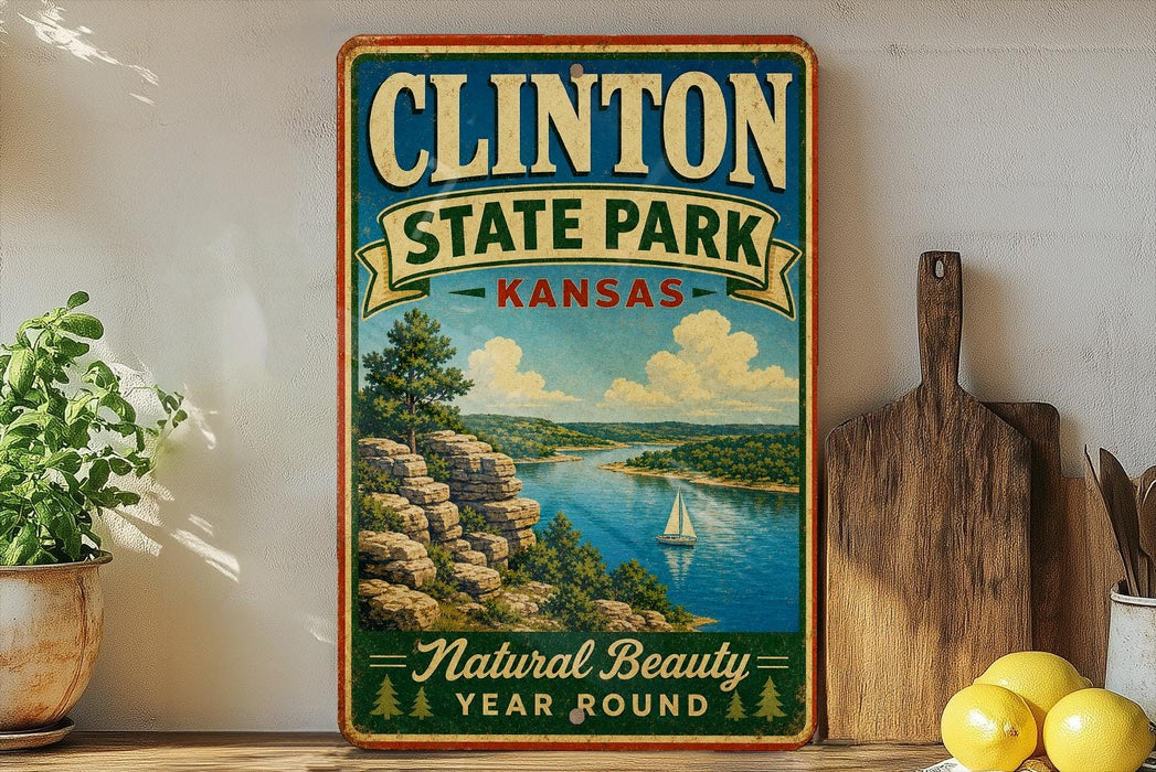 A vintage-style sign for Clinton State Park in Kansas, featuring a scenic landscape with a river, mountains, and a sailboat.