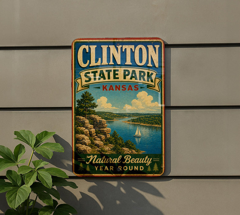 A vintage-style metal sign for Clinton State Park in Kansas, featuring a scenic landscape with a lake, mountains, and a sailboat.