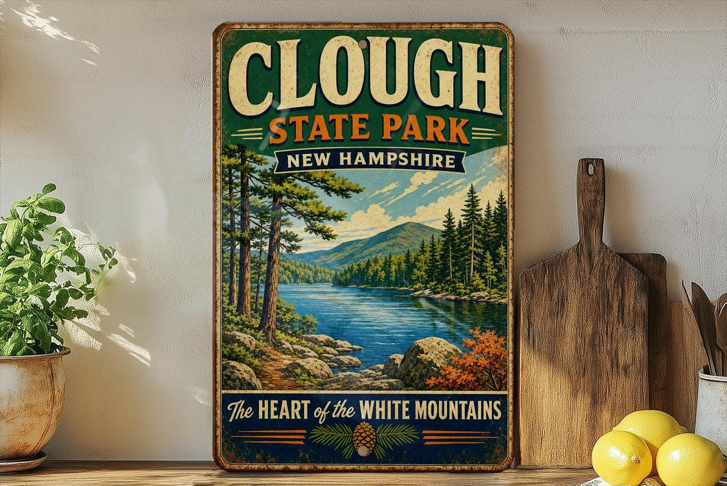 A vintage-style sign for Clough State Park in New Hampshire, featuring a scenic landscape with pine trees, a river, and mountains.