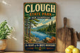 A vintage-style sign for Clough State Park in New Hampshire, featuring a scenic landscape with pine trees, a river, and mountains.