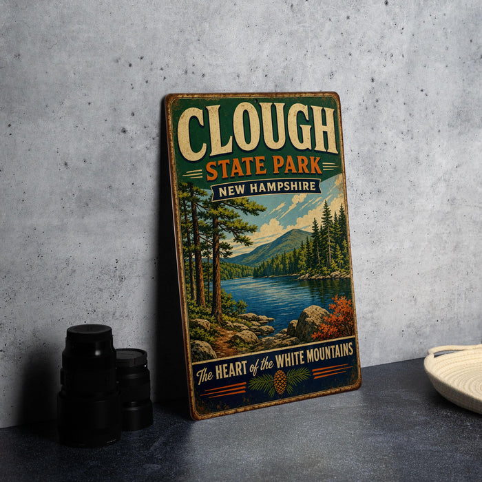 A vintage-style sign for Clough State Park in New Hampshire, featuring a scenic landscape with pine trees, a lake, and mountains.