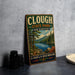 A vintage-style sign for Clough State Park in New Hampshire, featuring a scenic landscape with pine trees, a lake, and mountains.