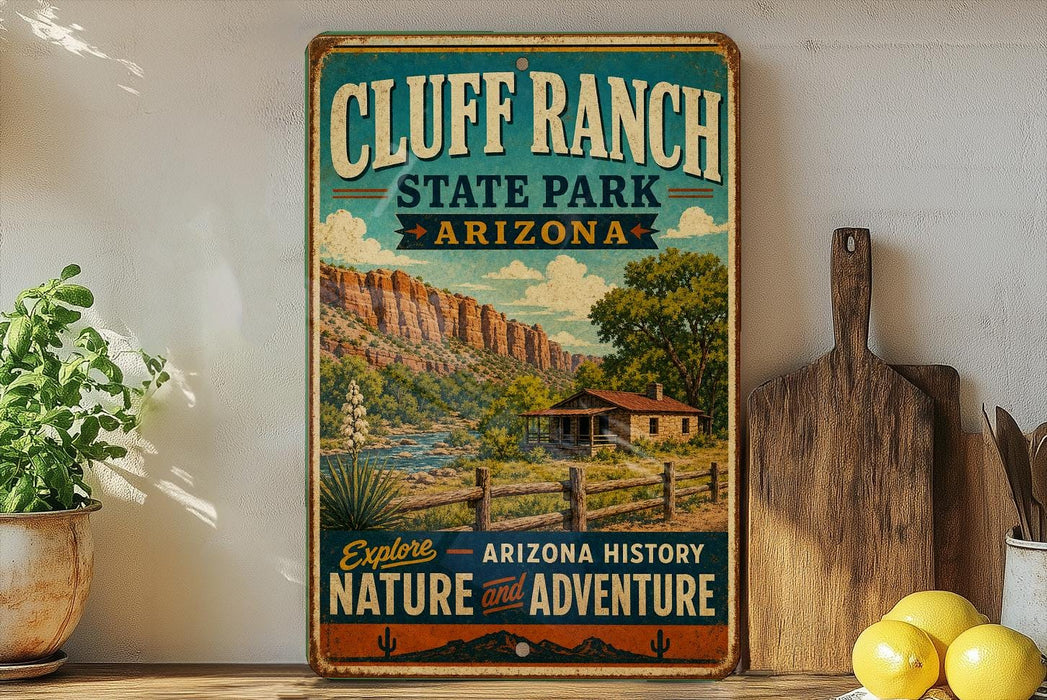 a vintage-style sign for Cluff Ranch State Park in Arizona, with a scenic illustration of the park's natural landscape.