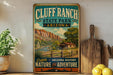 a vintage-style sign for Cluff Ranch State Park in Arizona, with a scenic illustration of the park's natural landscape.