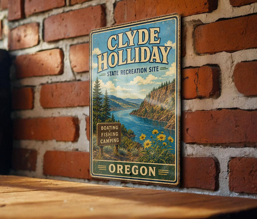 A vintage metal sign for the Clyde Holiday State Recreation Site in Oregon, featuring a scenic landscape with a river, mountains, and a sign indicating boating, fishing, and camping opportunities.