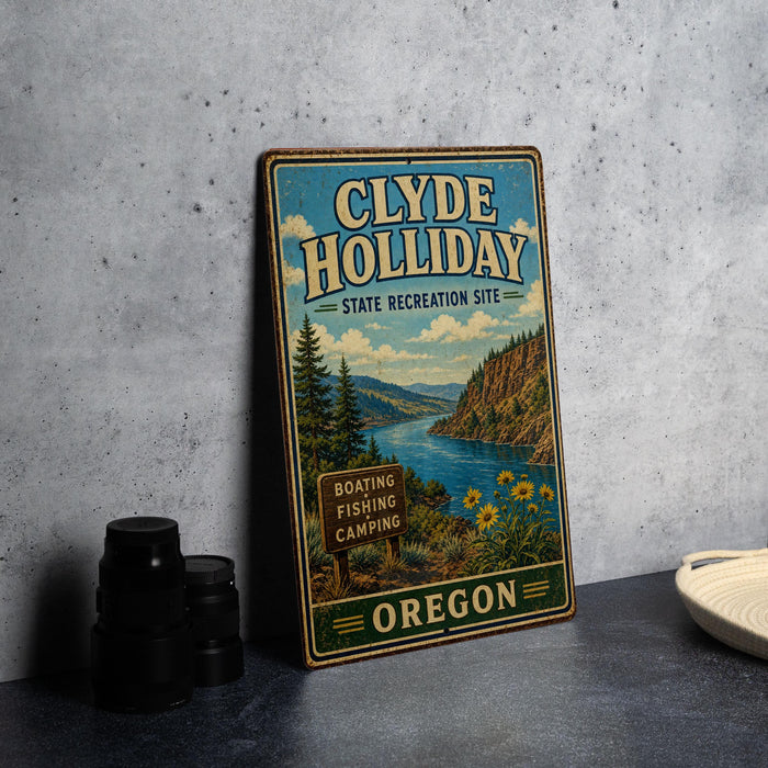 A vintage metal sign for Clyde Holliday State Recreation Site in Oregon, featuring a scenic landscape with a river, mountains, and pine trees.