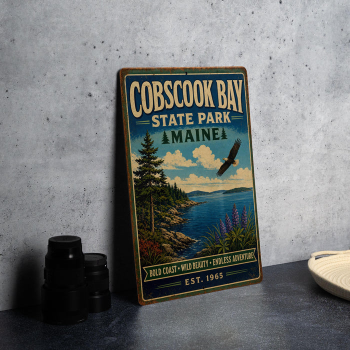 A vintage-style metal sign for Cobscook Bay State Park in Maine, featuring a scenic landscape with a bird in flight, a lake, and pine trees.