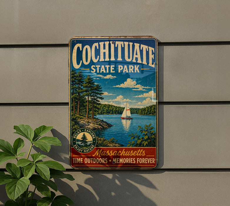 A vintage metal sign for Cochitiate State Park, featuring a scenic landscape with a sailboat on a lake surrounded by pine trees.