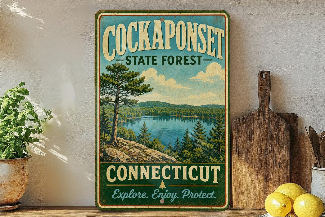A vintage-style metal sign for the Connecticut State Forest, featuring a scenic landscape with a lake and pine trees, is displayed on a shelf next to a wooden cutting board and some potted plants.