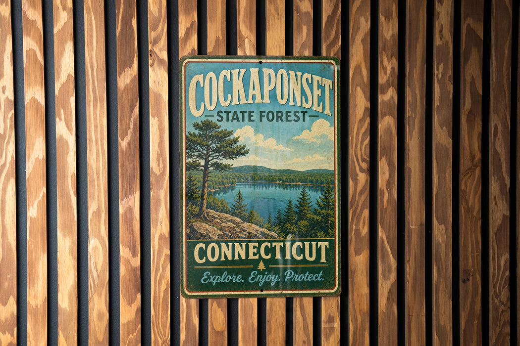 A vintage metal sign for the Cockset State Forest in Connecticut, featuring a scenic landscape with a lake and pine trees.
