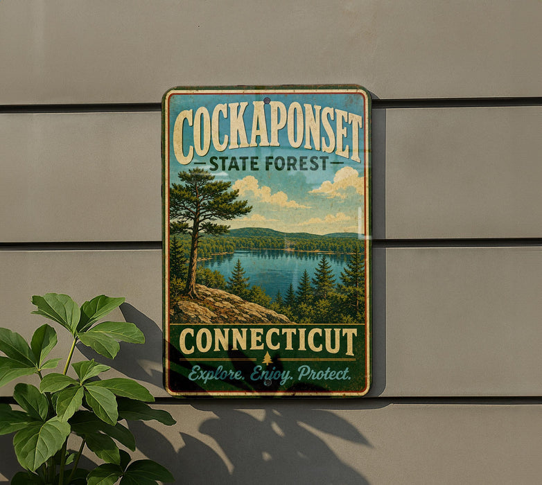 A vintage-style sign for the Connecticut State Forest, featuring a scenic landscape with a lake and pine trees.