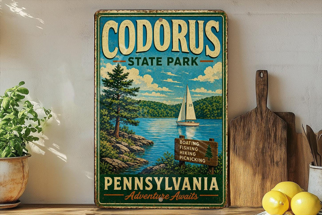 A vintage-style sign for Codorus State Park in Pennsylvania, featuring a scenic illustration of a lake, pine trees, and a sailboat.