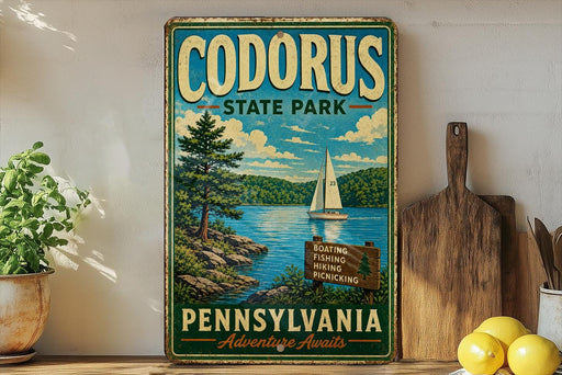A vintage-style sign for Codorus State Park in Pennsylvania, featuring a scenic illustration of a lake, pine trees, and a sailboat.