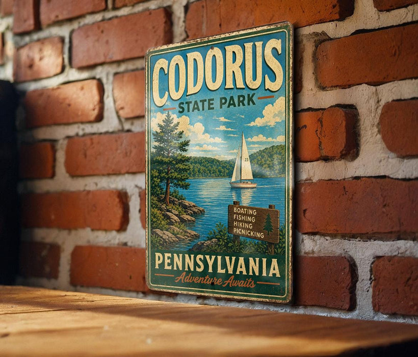 A vintage metal sign for Codorus State Park in Pennsylvania, featuring a scenic illustration of a lake, mountains, and a sailboat.