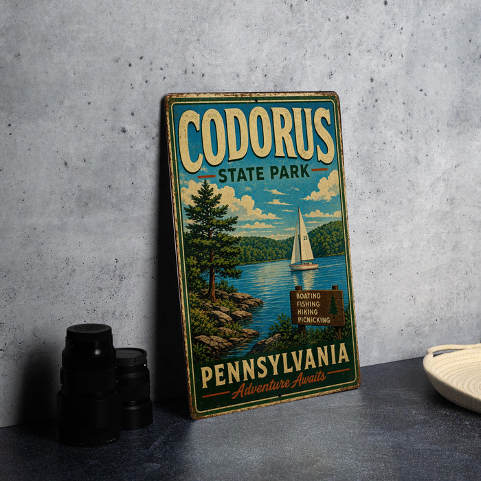 A vintage-style metal sign for Codorus State Park in Pennsylvania, featuring a sailboat on a lake and a scenic landscape.