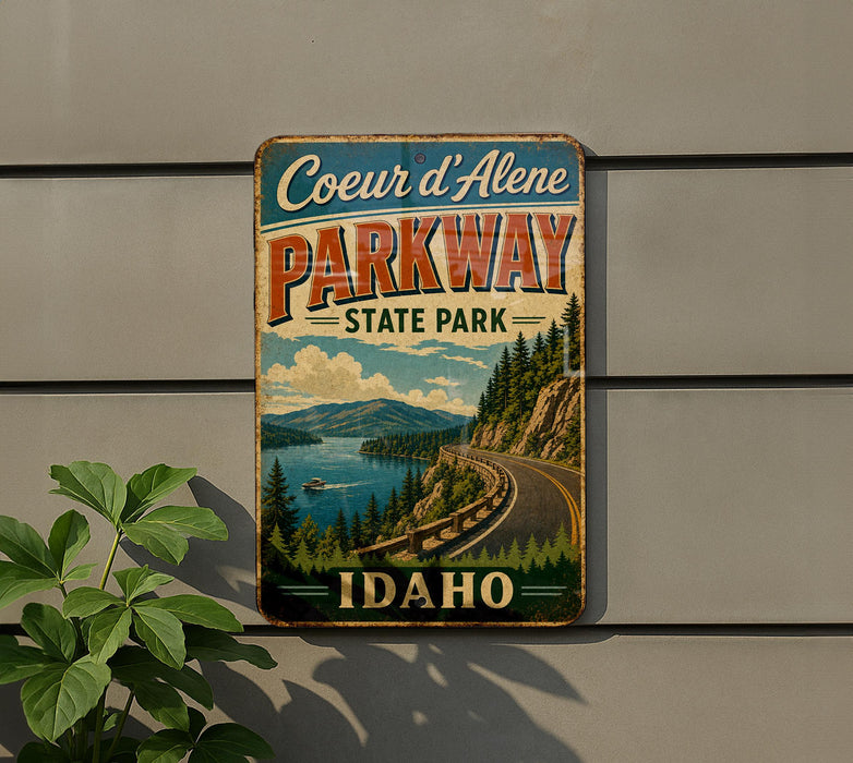 A vintage-style sign for Coeur d'Alene Parkway, displaying a scenic mountain landscape with a winding road and a lake.