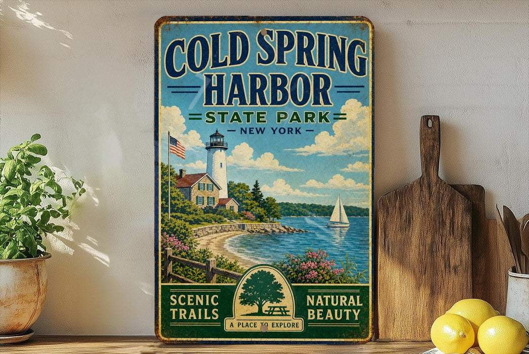 A vintage-style sign for Cold Spring Harbor State Park in New York, featuring a lighthouse, a sailboat, and a scenic landscape.