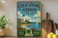 A vintage-style sign for Cold Spring Harbor State Park in New York, featuring a lighthouse, a sailboat, and a scenic landscape.