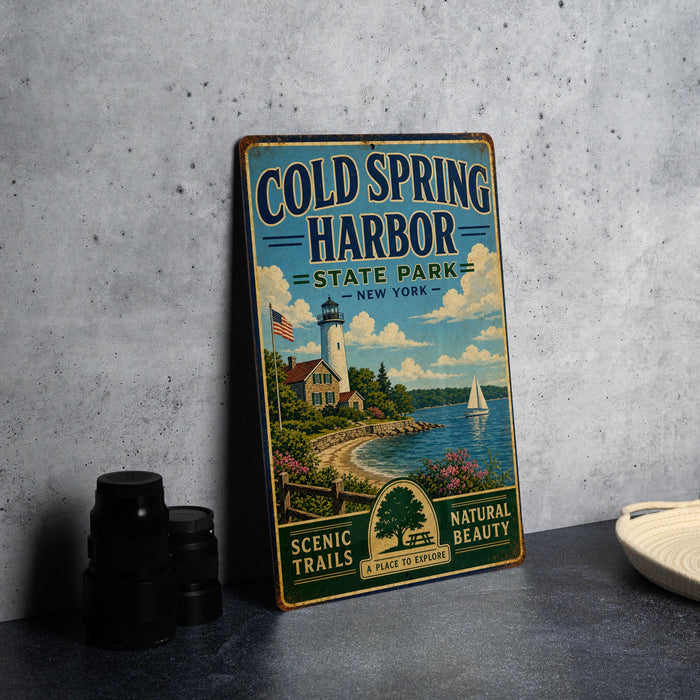 A vintage-style metal sign for Cold Spring Harbor State Park in New York, featuring a lighthouse, a sailboat, and a scenic landscape.