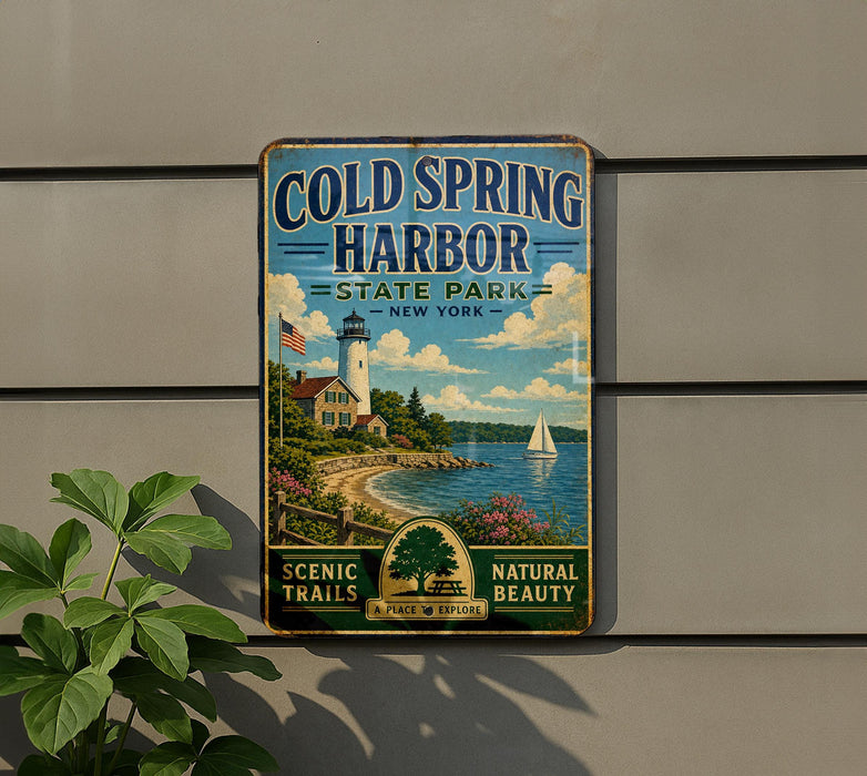 A vintage-style metal sign for Cold Spring Harbor State Park in New York, featuring a lighthouse, a sailboat, and a scenic landscape.