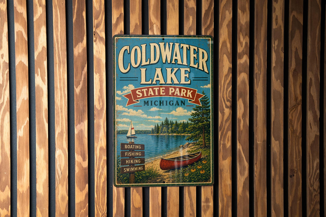A vintage metal sign for Coldwater Lake State Park in Michigan, featuring a scenic illustration of a lake, a sailboat, and a forested shoreline.
