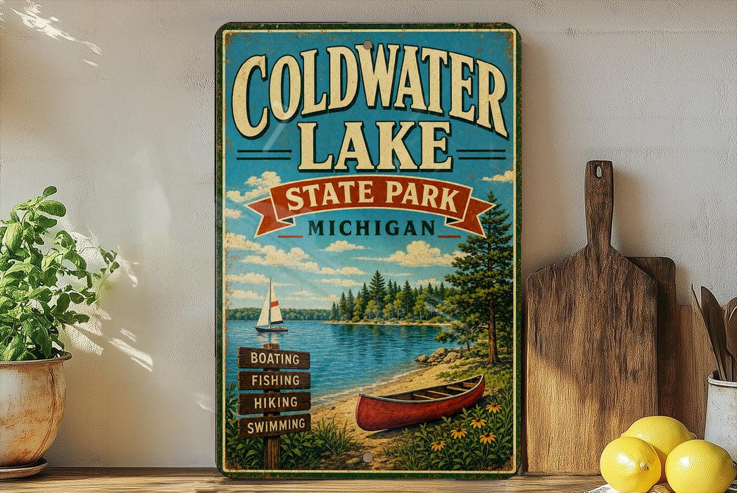 A vintage-style sign for Coldwater Lake State Park in Michigan, featuring a sailboat, a canoe, and a scenic landscape.