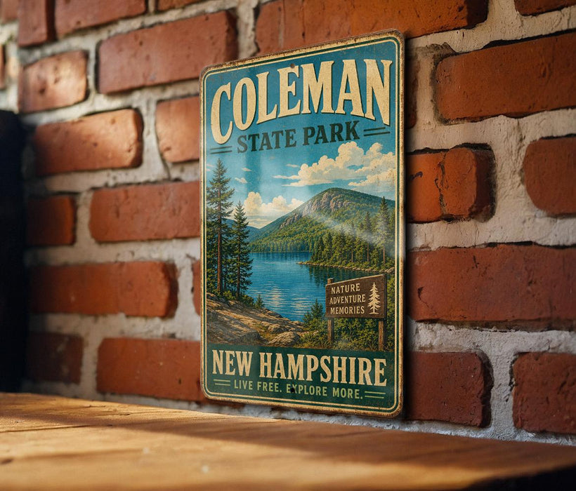 A vintage metal sign for Coleman State Park in New Hampshire, featuring a scenic landscape with pine trees, a lake, and mountains.