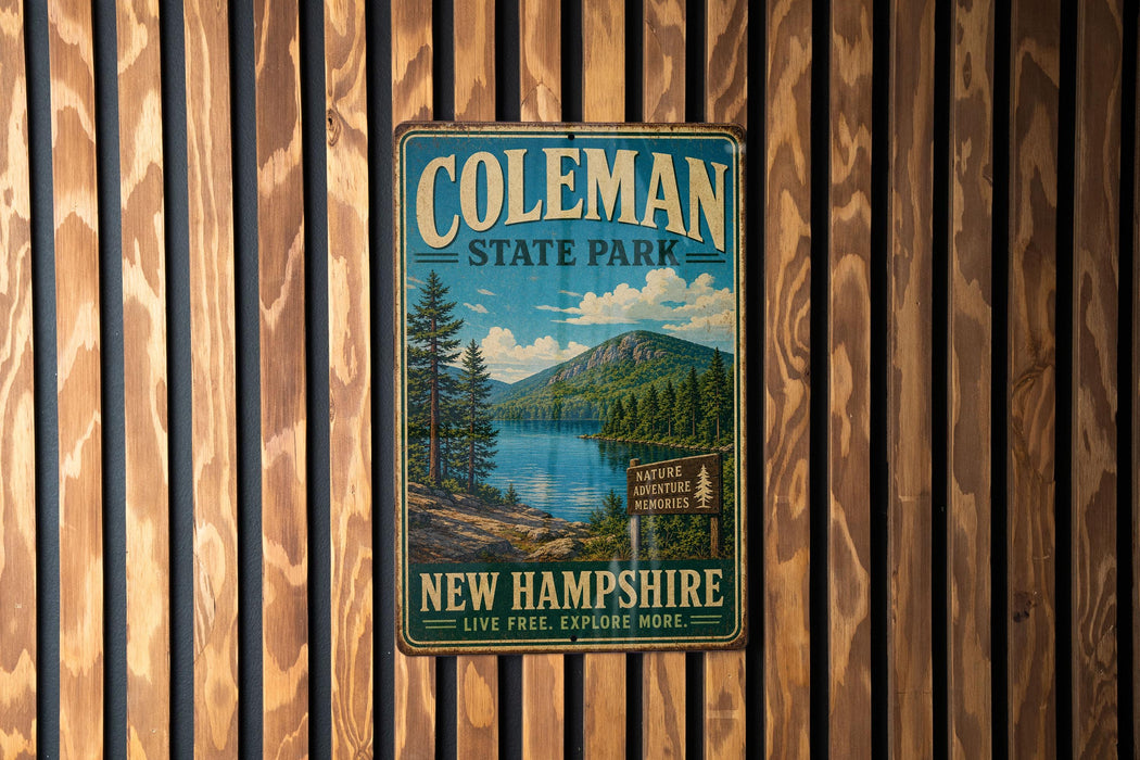 A vintage metal sign for Coleman State Park in New Hampshire, featuring a scenic landscape with pine trees, a lake, and mountains.