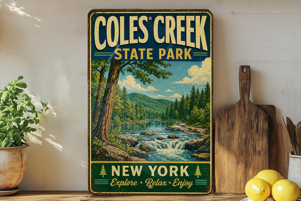 A vintage-style sign for Coles Creek State Park, featuring a scenic landscape with a waterfall and forest, is displayed on a wooden shelf next to a wooden cutting board and some lemons.