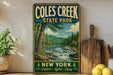 A vintage-style sign for Coles Creek State Park, featuring a scenic landscape with a waterfall and forest, is displayed on a wooden shelf next to a wooden cutting board and some lemons.
