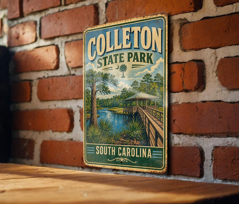 A vintage-style metal sign for Colleton State Park in South Carolina, featuring a scenic illustration of a park with a wooden walkway and a river.