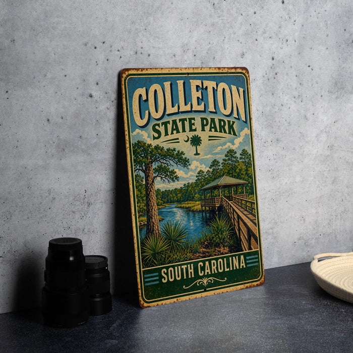 A vintage-style metal sign for Colleton State Park in South Carolina, featuring a scenic illustration of the park's landscape.