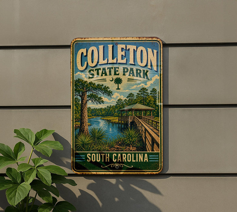 A vintage-style metal sign for Colleton State Park in South Carolina, featuring a scenic illustration of a river, bridge, and surrounding landscape.