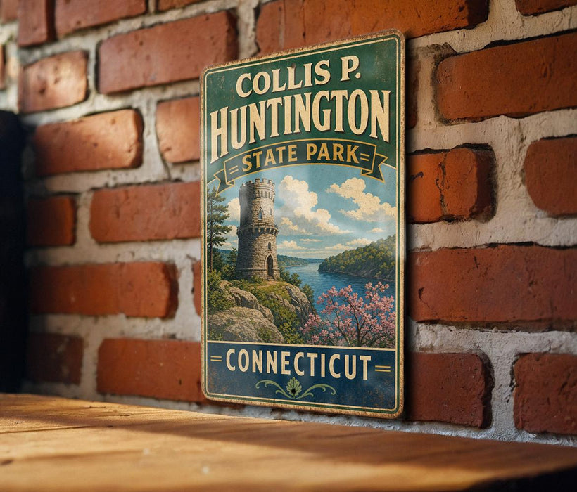 A vintage metal sign for Collis P. Huntington State Park in Connecticut, featuring a castle and a scenic landscape.