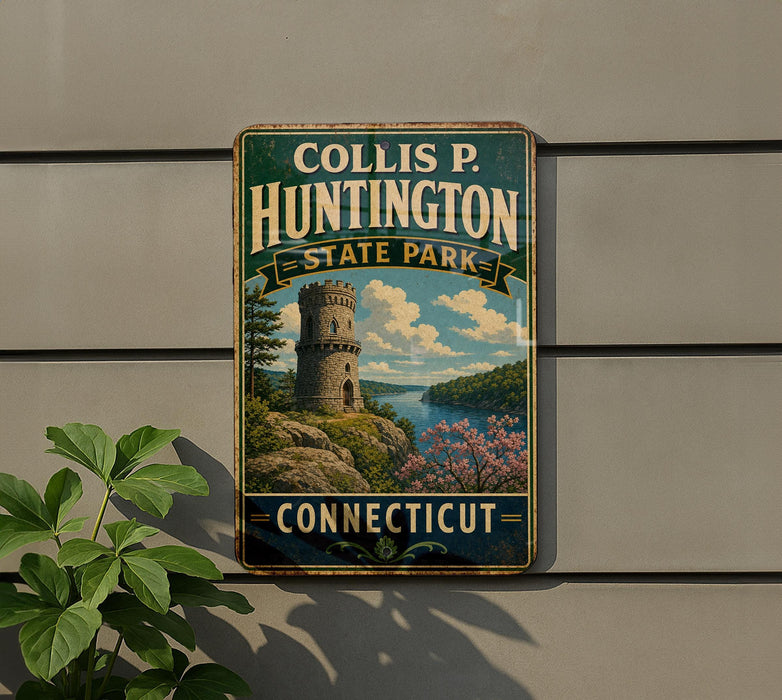 A vintage metal sign for Collis P. Huntington State Park in Connecticut, featuring a castle tower and a scenic landscape.