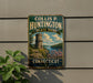 A vintage metal sign for Collis P. Huntington State Park in Connecticut, featuring a castle tower and a scenic landscape.