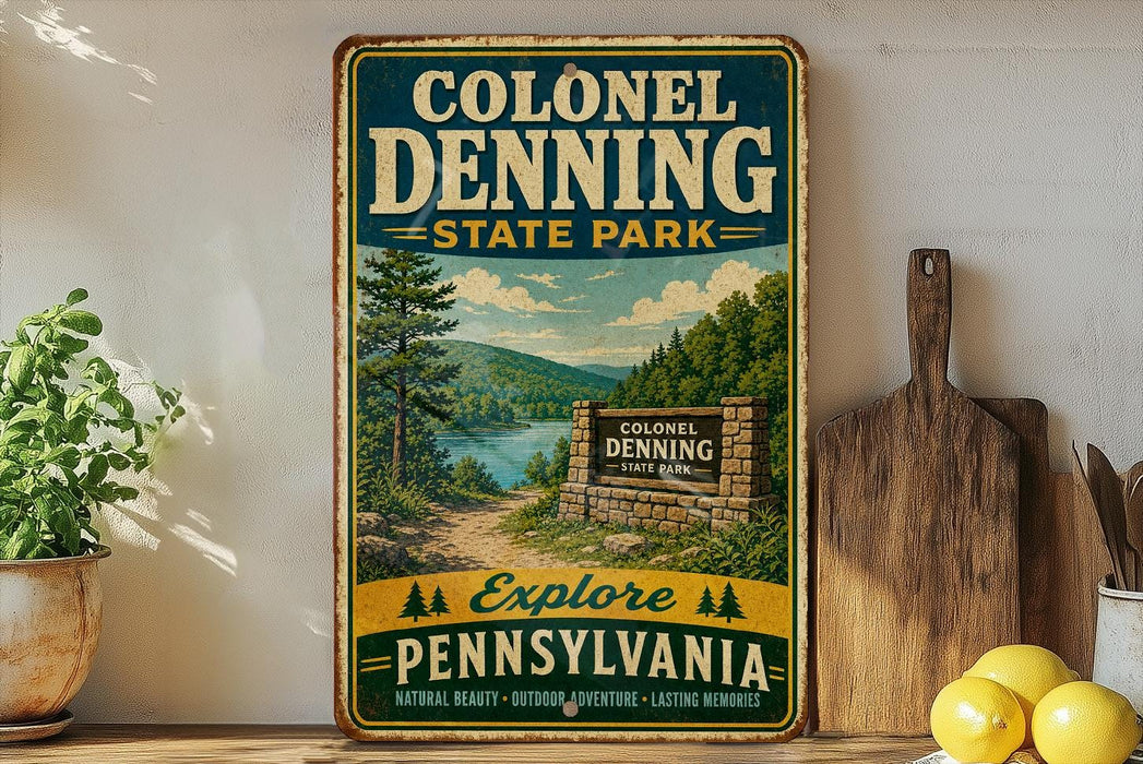 A vintage-style sign for Colonel Denning State Park, featuring a scenic illustration of a forest and a lake, is displayed on a wooden shelf next to a potted plant and a wooden cutting board.