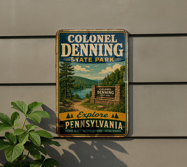 A vintage-style metal sign for Colonel Denning State Park, featuring a scenic landscape with a lake, mountains, and trees.